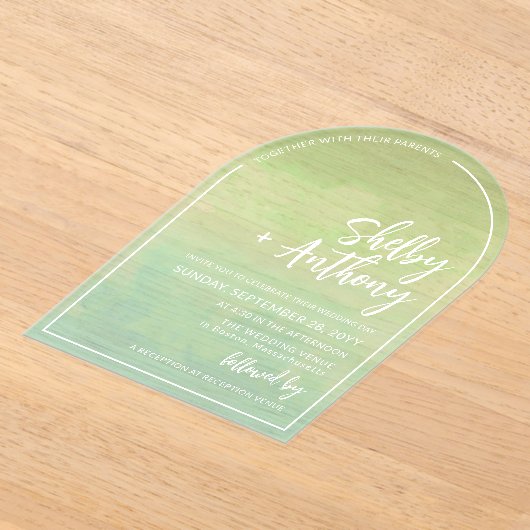 Cloudy Seafoam Green Arch Lijst Wedding Acryl Uitnodigingen (Laagn)