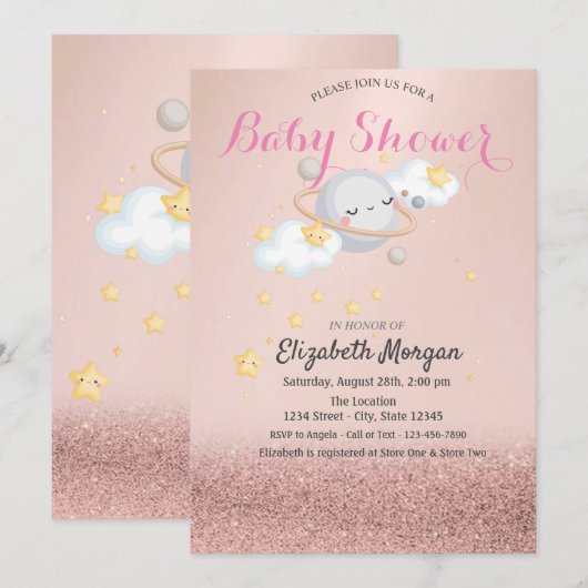Clous Stars Planet Roos Gold Bokeh Baby shower Kaart (Voorkant / Achterkant)