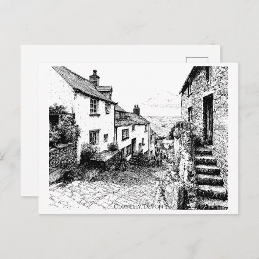Clovelly Village Sketch, Devon Verenigd Koninkrijk Briefkaart (Voorkant / Achterkant)