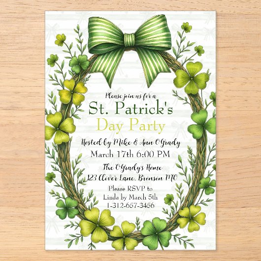 Clover & Bow St. Patrick's Day-feestdesign Acryl Uitnodigingen (Voorkant)