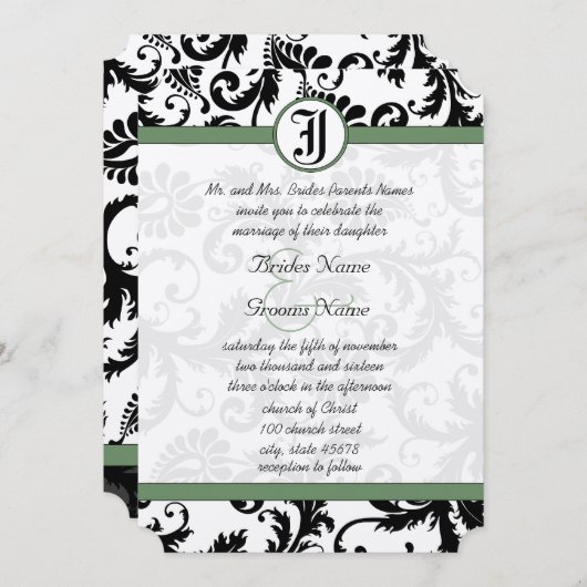Clover Green Damask Swirls Wedding Invitation Kaart (Voorkant / Achterkant)