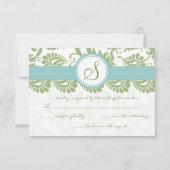 Clover Green en Aqua Damask Wedding RSVP (Achterkant)