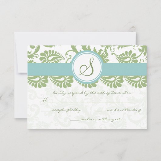 Clover Green en Aqua Damask Wedding RSVP (Achterkant)