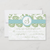 Clover Green en Aqua Damask Wedding RSVP (Achterkant)