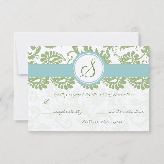 Clover Green en Aqua Damask Wedding RSVP Kaartje (Achterkant)