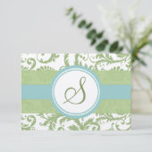 Clover Green en Aqua Damask Wedding RSVP Kaartje (Staand voorkant)