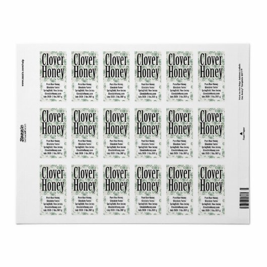 Clover Honey Jar - Gepersonaliseerd product Etiket (Full Sheet)