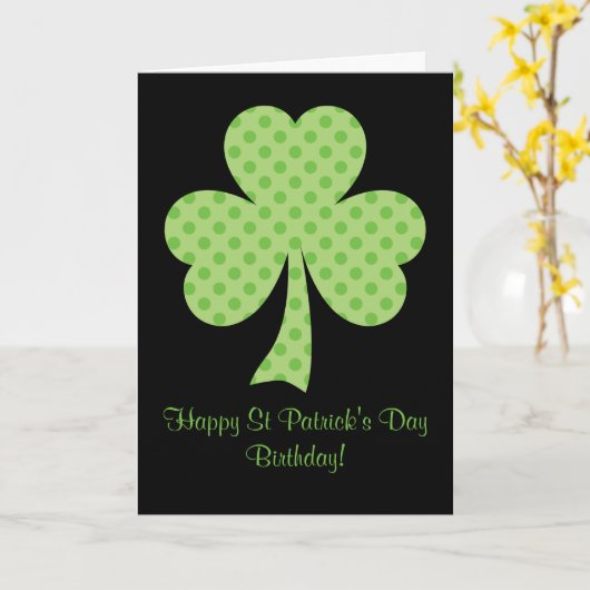 Clover Polka dots St Patricks Day Verjaardag zwart Kaart (Gele Bloem)