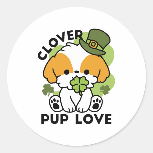 Clover Pup Love - St. Patrick's Day Dog Design Ronde Sticker (Voorkant)