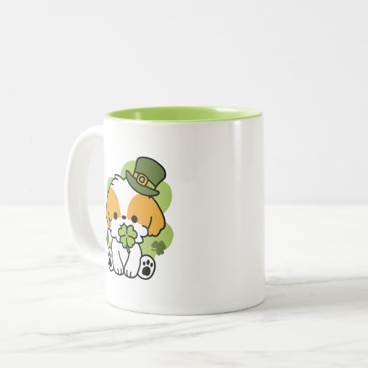Clover Pup Love - St. Patrick's Day Dog Design Tweekleurige Koffiemok (Voorkant links)