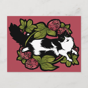 Clover Tuxedo Cat Floral Cats Briefkaart