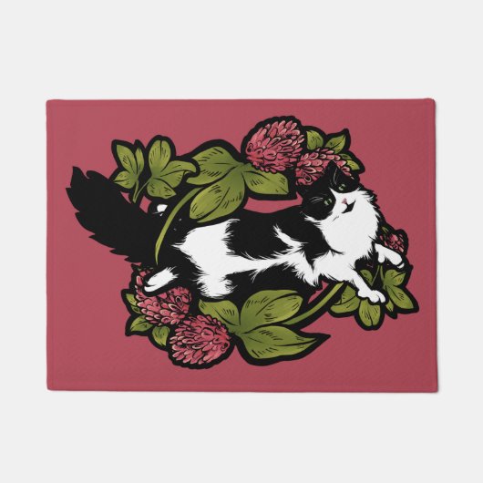 Clover Tuxedo Cat Floral Cats Deurmat (Voorkant)