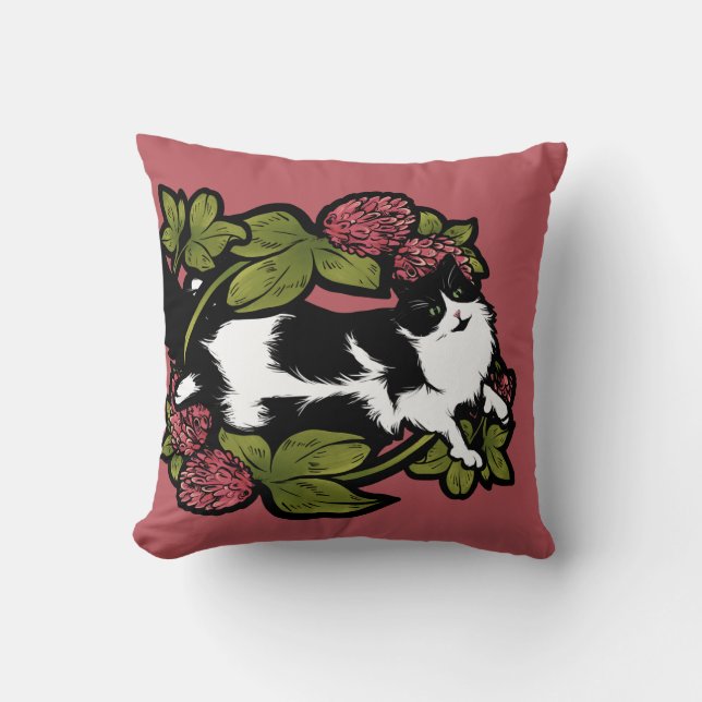 Clover Tuxedo Cat Floral Cats Kussen (Voorkant)