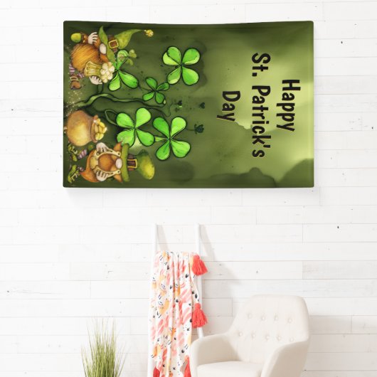 Clovers and Leprechaun Gnomes St. Patrick's Day Spandoek (Insitu)