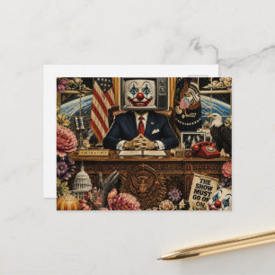 Clown aan de bureau surreële collage briefkaart