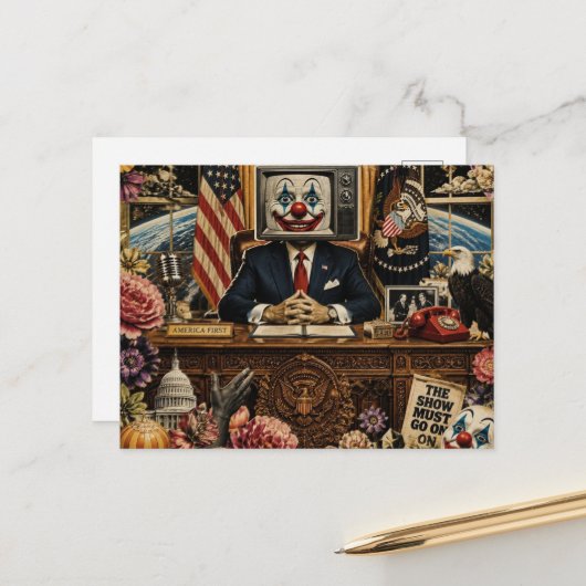 Clown aan het bureau briefkaart (Voorkant / Achterkant in situ)