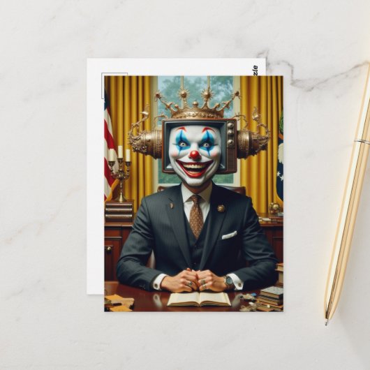 Clown aan het bureau briefkaart (Voorkant / Achterkant in situ)