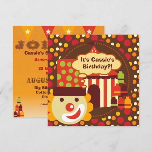 Clown and Polka Dots Circus Birthday Invites Kaart (Voorkant / Achterkant)