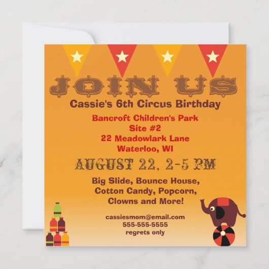 Clown and Polka Dots Circus Birthday Invites Kaart (Achterkant)