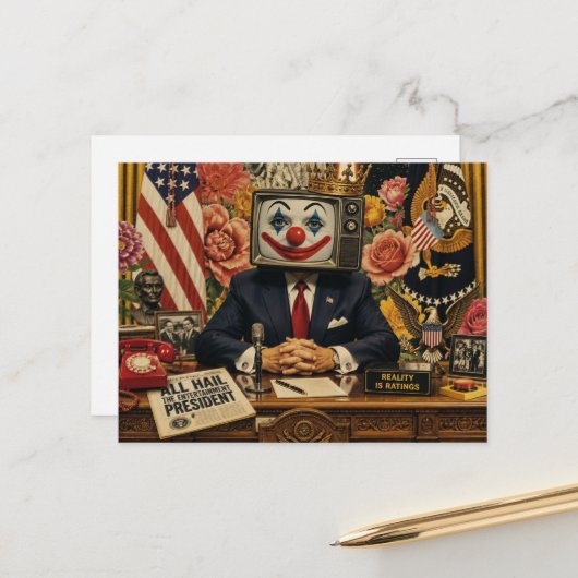 Clown bij het Amerikaanse bureau Briefkaart (Voorkant / Achterkant in situ)
