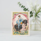 Clown die bloemen overhandigt aan een vrouw te paa briefkaart (Staand voorkant)