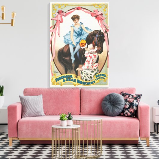 Clown die bloemen overhandigt aan een vrouw te paa canvas afdruk (Insitu (Woonkamer))