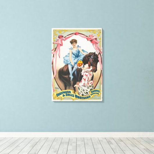 Clown die bloemen overhandigt aan een vrouw te paa canvas afdruk (Insitu (Houten vloer))