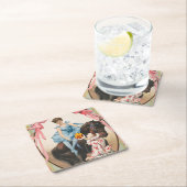 Clown die bloemen overhandigt aan een vrouw te paa kartonnen onderzetters (Insitu)