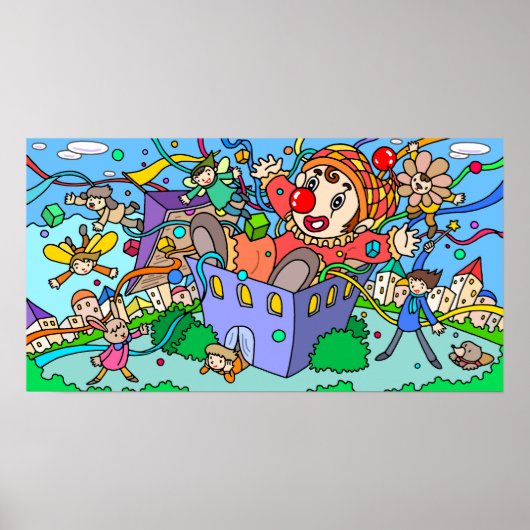 Clown die uit een doos sprong. poster (Voorkant)