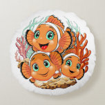 Clown fish Cartoon cute Family Underwater Rond Kussen<br><div class="desc">Cute and Joyful little Clownfish Cartoon Characters swimming together on underwater Coral Reef Background. Original Vector Illustration Copyright BluedarkArt.</div>