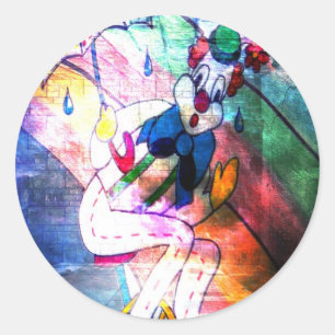 CLOWN GEVANGEN IN RAIN.JPG RONDE STICKER