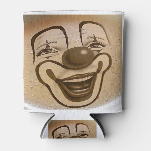 Clown gezicht in koffieschuim blikjeskoeler (Voorkant)