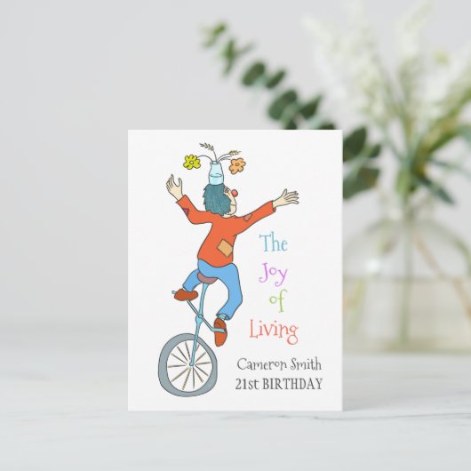 Clown op eenwieler briefkaart (Staand voorkant)