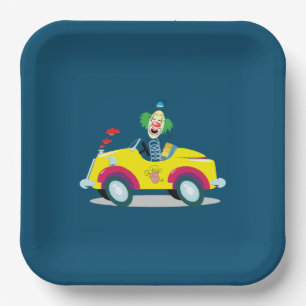 Clown rijden een auto papieren bordje