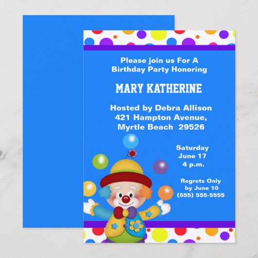 Clown Verjaardag Uitnodiging (Voorkant / Achterkant)