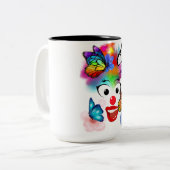 Clown, vlinders en pastelkleuren tweekleurige koffiemok (Voorkant links)