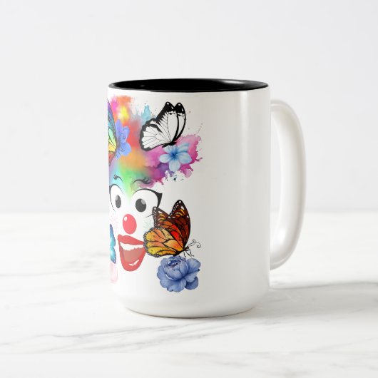 Clown, vlinders en pastelkleuren tweekleurige koffiemok (Voorkant rechts)
