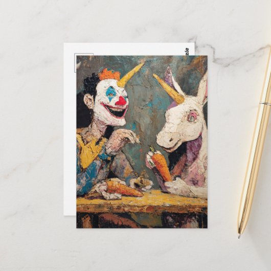 Clown with unicorn  briefkaart (Voorkant / Achterkant in situ)