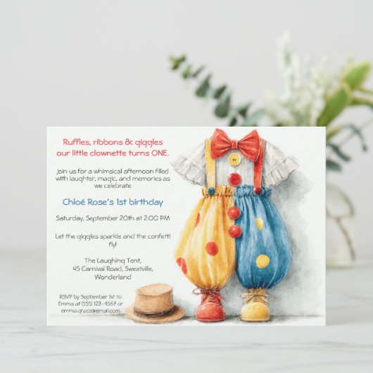 Clownette Couture 1e verjaardagsfeestje Kaart (Staand voorkant)