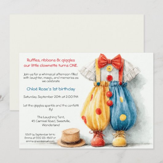 Clownette Couture 1e verjaardagsfeestje Kaart (Voorkant / Achterkant)