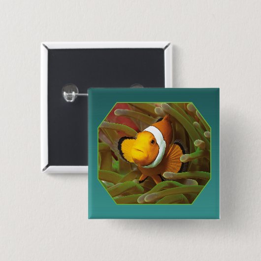 Clownfish in green anemone. Photographic Design |  Vierkante Button 5,1 Cm (Voorkant /achterkant)