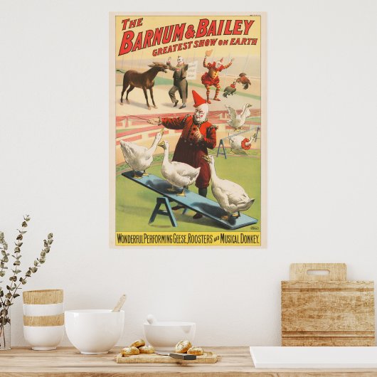 Clowns met optredende ganzen, hanen en ezels. poster (Keuken)