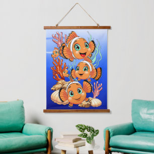 Clownvis Cartooneske lieve Familie Onderwater Hangend Wandkleed