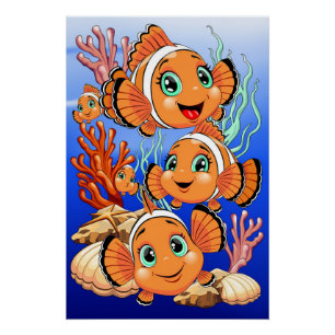 Clownvis Cartoontje schattig Familie Onderwater Perfect Poster