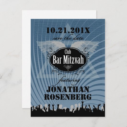 Club Bar Mitswa Navy Blue Bewaar de datum Aankondigingskaart (Voorkant / Achterkant)