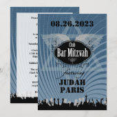 Club Bar Mitzvah Navy Blue Invitation Judah Kaart (Voorkant / Achterkant)