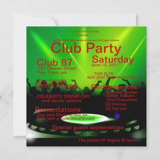 Club DJ Party Invitation Kaart (Voorkant)