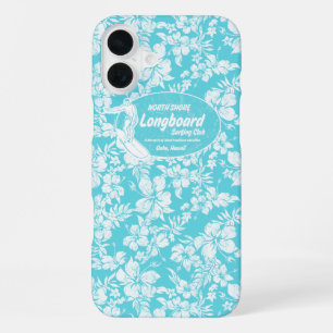 Club Surfen Longboard Hibiscus Hawaïaans Turq iPhone 16 Plus Hoesje