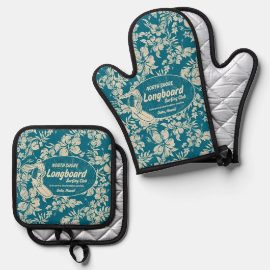 Club Surfen Longboard Logo Hibiscus Hawaïaans Blau Ovenwant & Pannenlap Set (Voorkant / Achterkant)