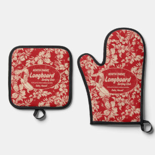 Club Surfen Longboard Logo Hibiscus Hawaïaans Rood Ovenwant & Pannenlap Set